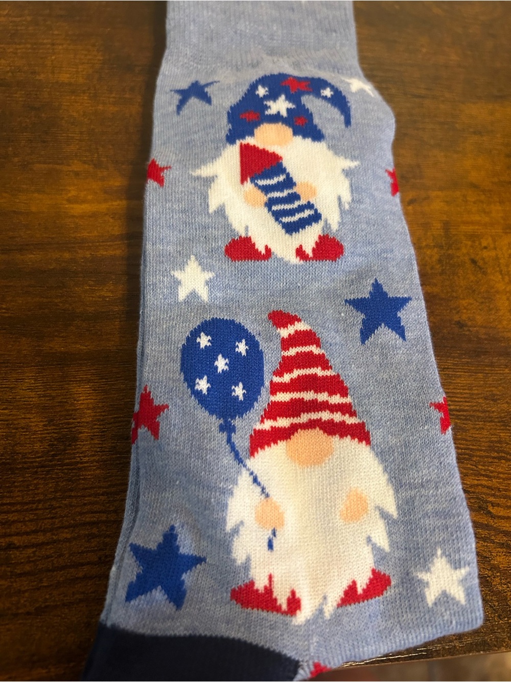 Hallmark Light Blue Patriotic Gnome Crew Socks with Red, White & Blue Accents
